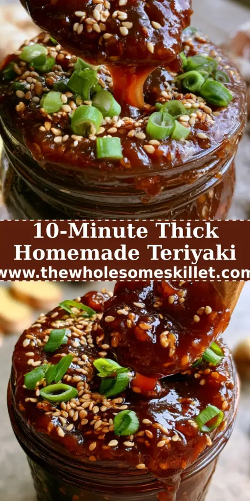 A close-up shot of a glass mason jar filled with thick, glossy homemade teriyaki sauce, garnished with sesame seeds and scallions.