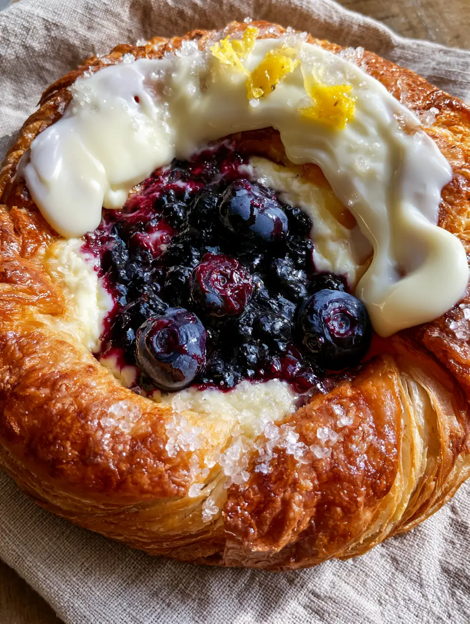 Lemon Blueberry Danishes with Flaky Puff Pastry and Cream Cheese filling 3 Smartphone photo of fresh-from-the-oven lemon blueberry danishes showing flaky layers and a cream cheese center.