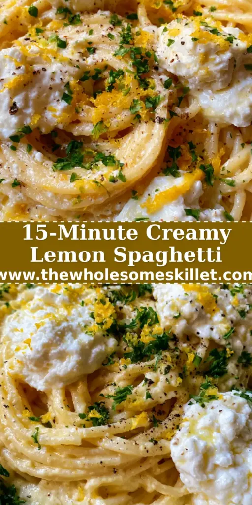 A high-angle photo of a bowl of lemon ricotta spaghetti with fluffy cheese dollops and fresh parsley on a rustic table.
