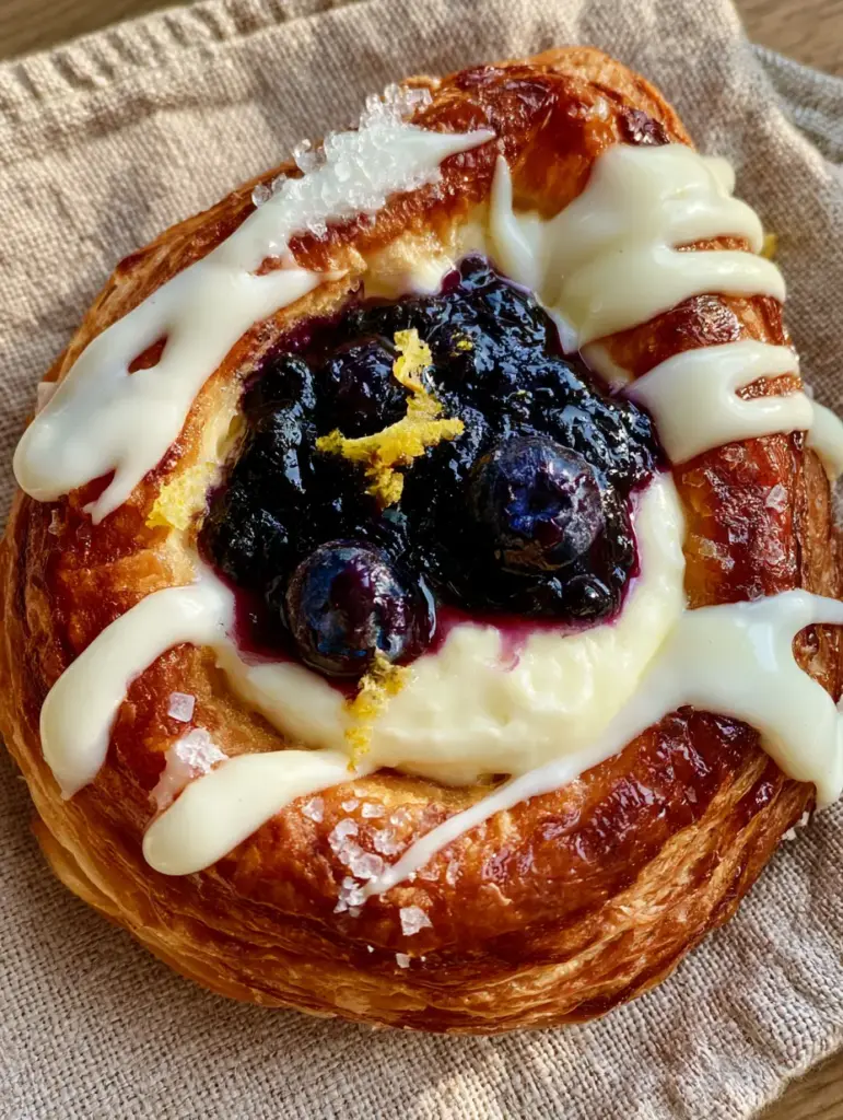 Lemon Blueberry Danishes with Flaky Puff Pastry and Cream Cheese filling 1 Detailed shot of the thick white lemon icing and blueberry compote on a flaky danish.
