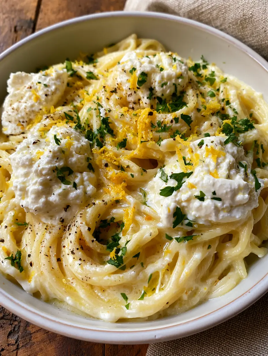 Smartphone photo of creamy lemon ricotta spaghetti glistening with golden sauce and topped with fresh herbs.