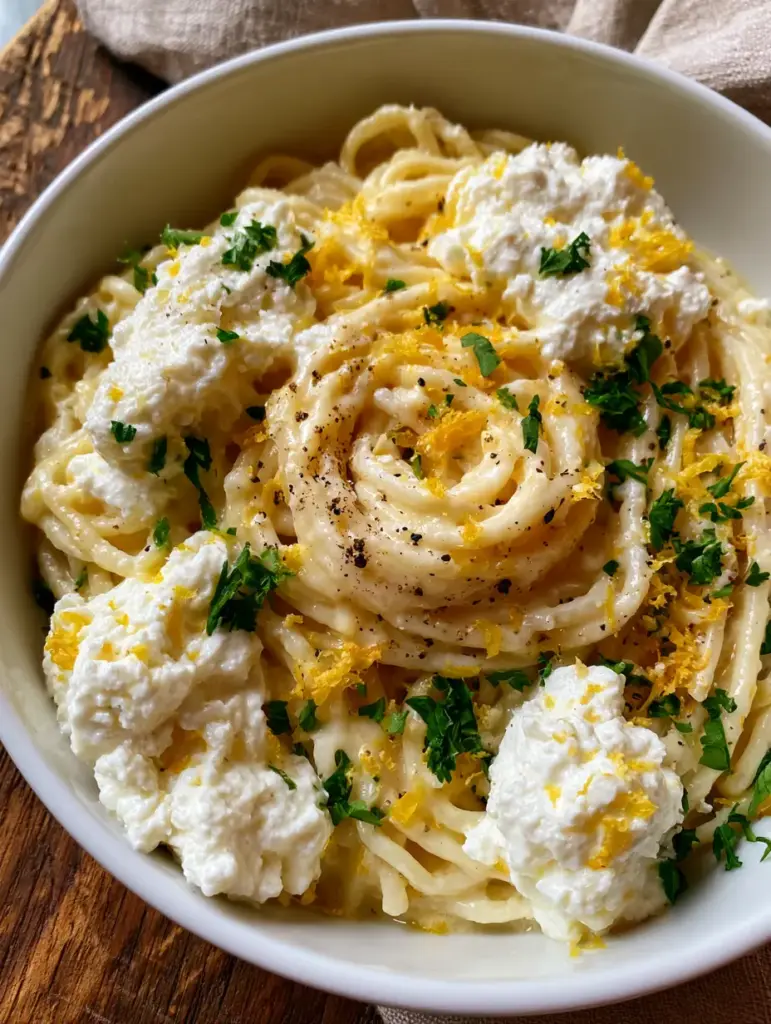 Overhead view of lemon ricotta spaghetti showing visible cracks of black pepper and bright lemon zest.