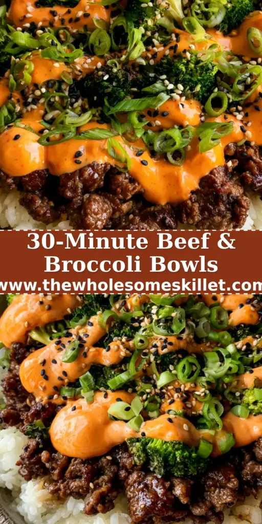 Beef and Broccoli Bowls with Creamy Sriracha Mayo and Jasmine Rice 4 A top-down view of a rustic ceramic bowl filled with beef and broccoli bowls featuring steaming rice, charred broccoli, and sriracha mayo.