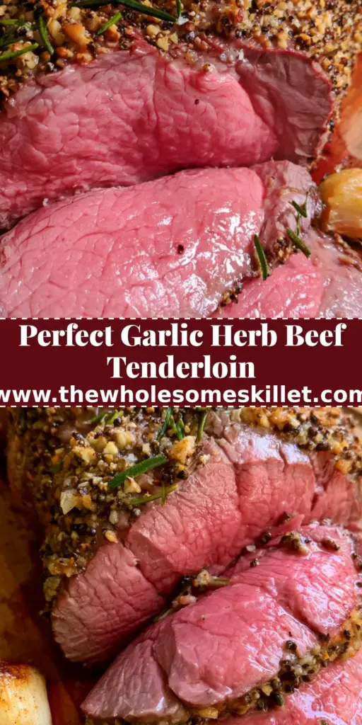 A close-up slice of roast beef tenderloin with a thick rosemary and pepper crust on a wooden board. (roast beef tenderloin)