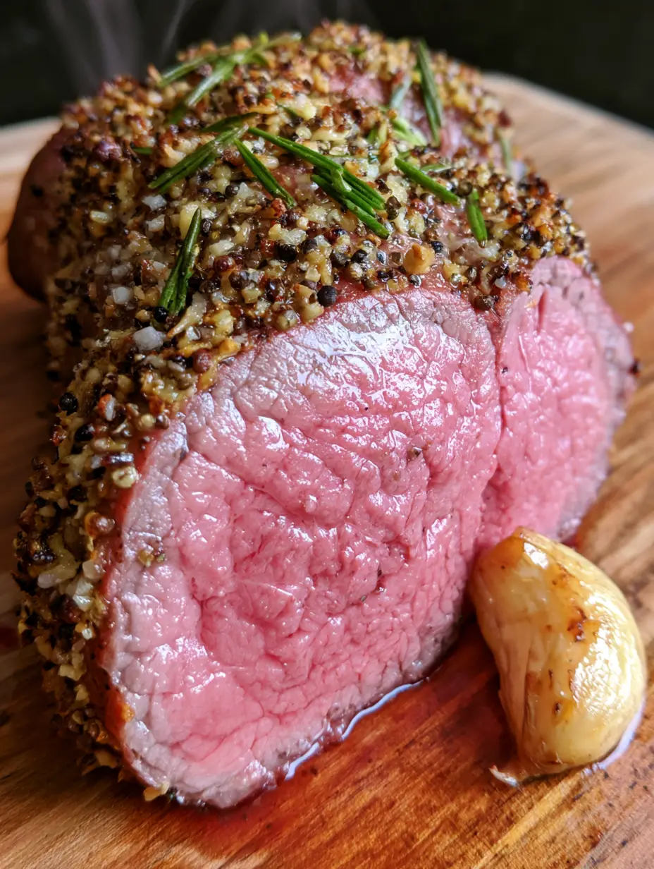 Macro shot of a pink medium-rare roast beef tenderloin slice with visible rosemary and garlic. (roast beef tenderloin)