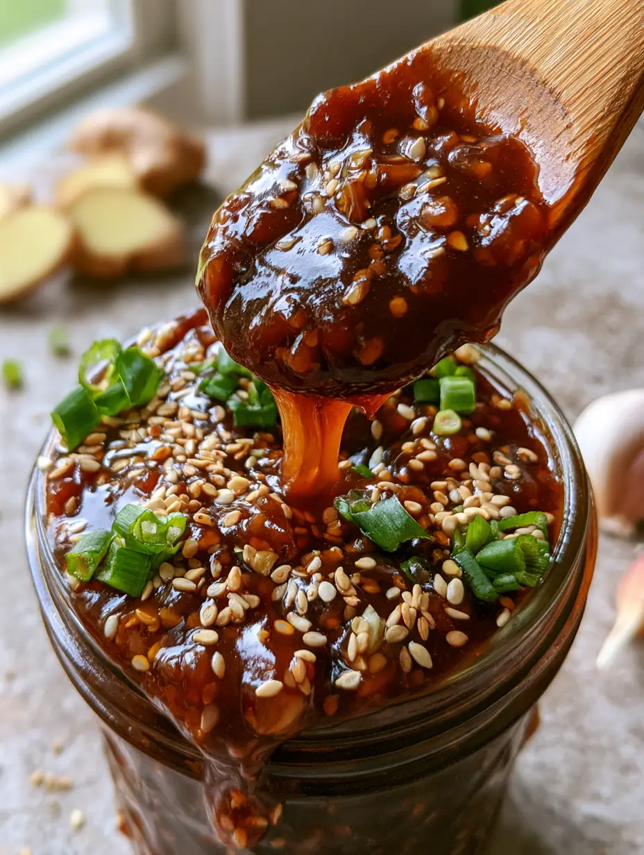 High-angle view of a mason jar with homemade teriyaki sauce and a wooden spoon lifting a syrupy scoop, surrounded by ginger and garlic.