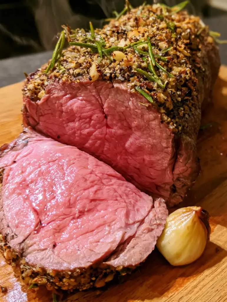 Thick slice of herb-crusted roast beef tenderloin with steam rising on a wooden board.