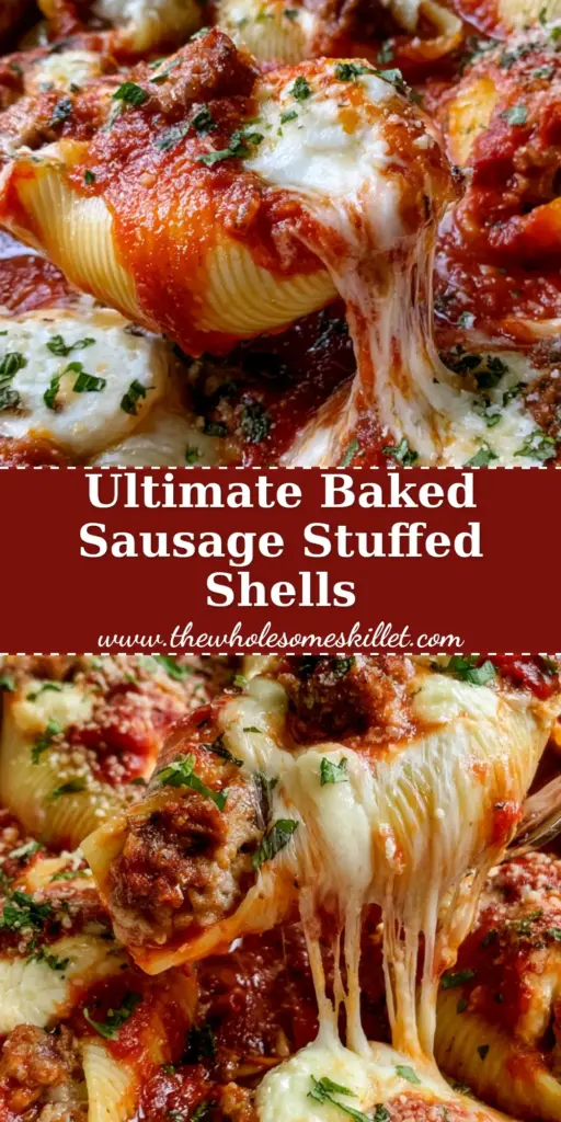 Sausage Stuffed Shells with Bubbling Mozzarella and Fresh Basil 4 A top-down view of a white ceramic baking dish filled with sausage stuffed shells, featuring melted mozzarella, dollops of ricotta, and fresh basil.