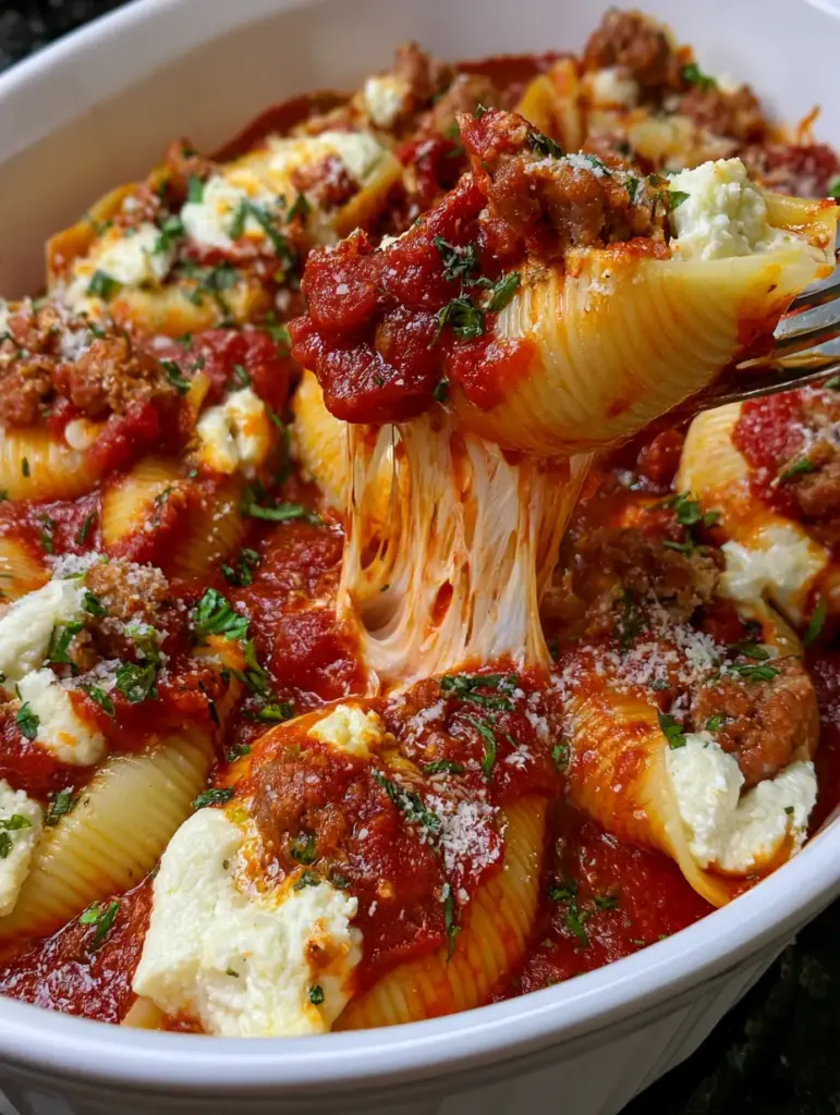 Sausage Stuffed Shells with Bubbling Mozzarella and Fresh Basil 2 A close-up smartphone photo of bubbling sausage stuffed shells in a white ceramic dish with fresh basil sprinkles.