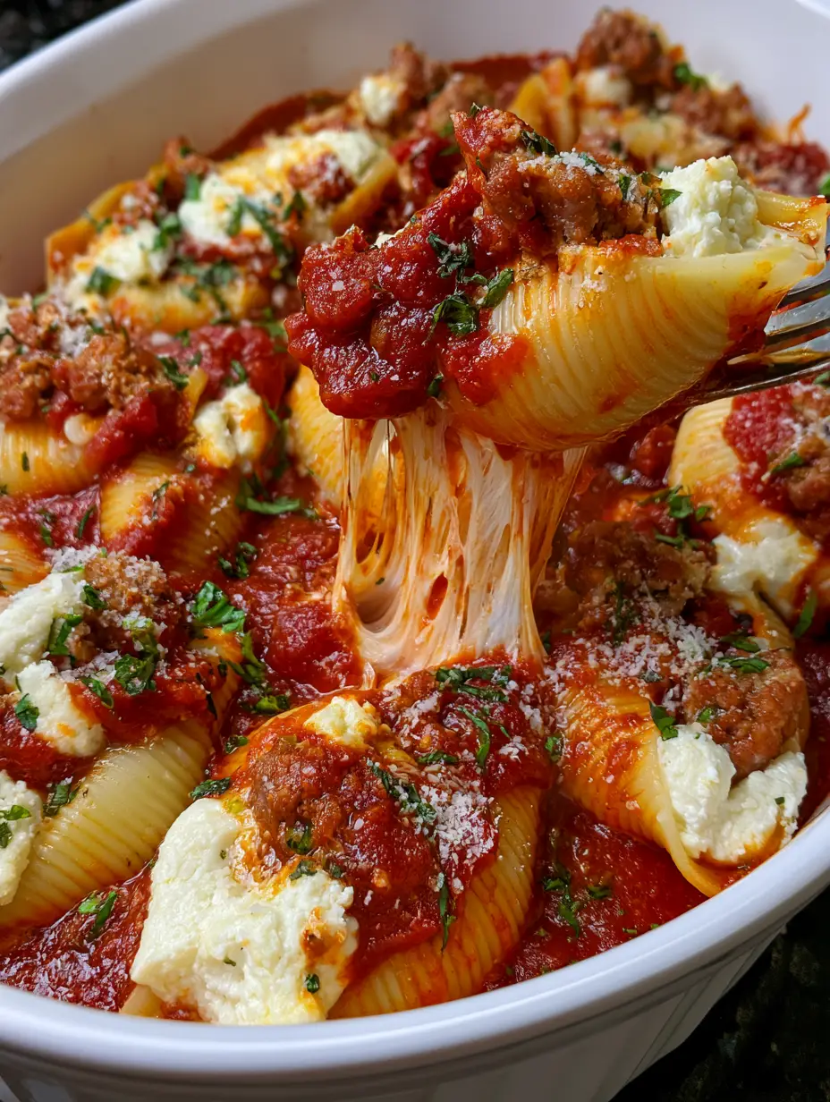 Sausage Stuffed Shells with Bubbling Mozzarella and Fresh Basil 3 A close-up smartphone photo of bubbling sausage stuffed shells in a white ceramic dish with fresh basil sprinkles.