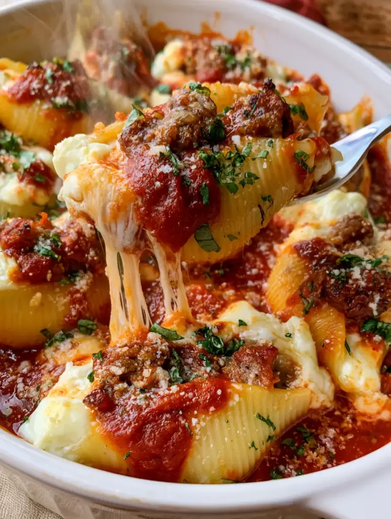 Sausage Stuffed Shells with Bubbling Mozzarella and Fresh Basil 1 A fork lifting one of the sausage stuffed shells, showcasing a long string of melted mozzarella cheese.