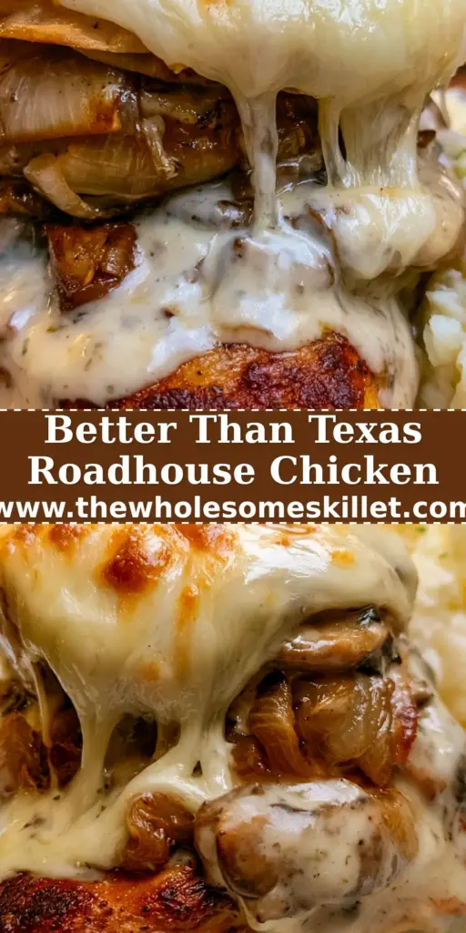 A close-up of Texas Roadhouse smothered chicken with melted provolone cheese, caramelized onions, and mushrooms served with garlic mashed potatoes and steam rising. (smothered chicken)