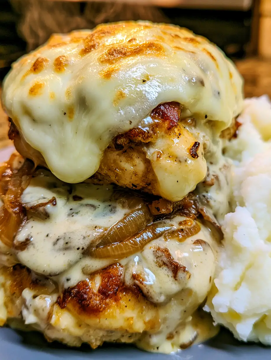 Golden seared chicken breast stacked with sautéed brown mushrooms and onions under a blanket of bubbly provolone. (smothered chicken)