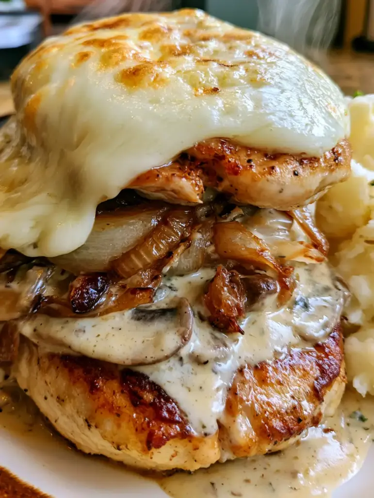 Smartphone photo of smothered chicken with a gooey cheese stretch, thick cream sauce, and chopped parsley garnish.