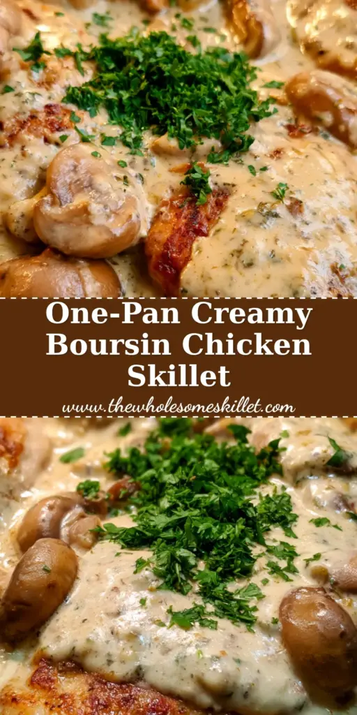 Boursin Chicken: The Ultimate Creamy Garlic Herb Skillet Recipe 4 A sizzling cast iron skillet with golden seared boursin chicken drenched in velvety white herb sauce and brown cremini mushrooms.