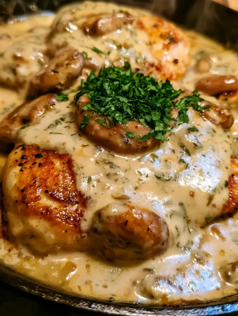 Boursin Chicken: The Ultimate Creamy Garlic Herb Skillet Recipe 2 Close up of sizzling boursin chicken in a cast iron skillet with steam rising and fresh parsley. (boursin chicken)