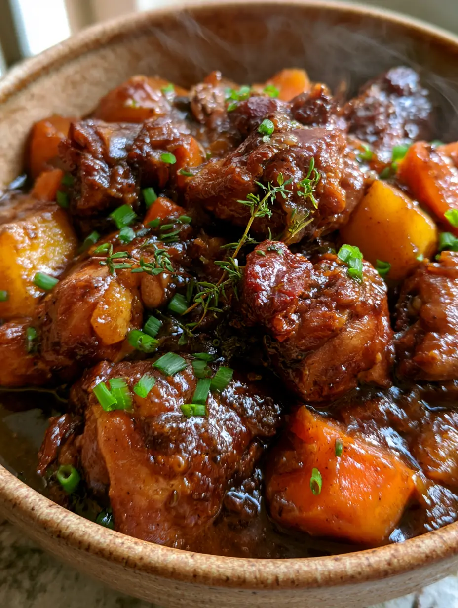 Overhead shot of simmering brown stew chicken with visible steam and fresh thyme garnish. (brown stew chicken)