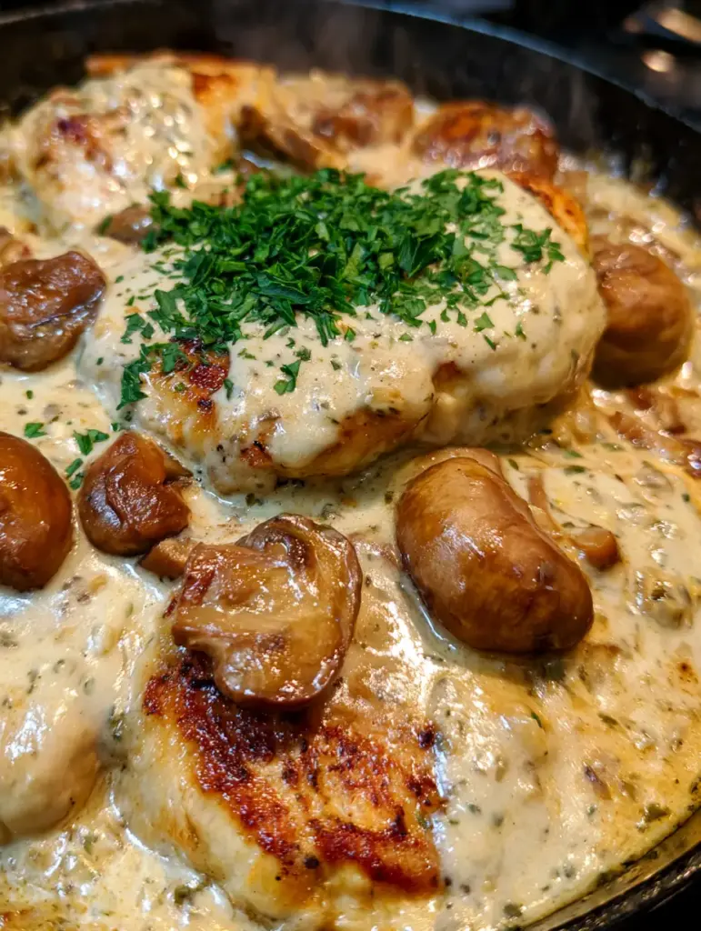 Boursin Chicken: The Ultimate Creamy Garlic Herb Skillet Recipe 1 Detailed texture of velvety white garlic herb sauce and plump brown cremini mushrooms around boursin chicken.