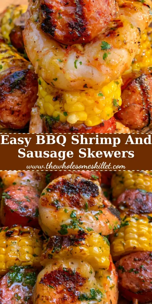 A vertical stack of grilled shrimp and sausage kabobs on a wooden platter, glistening with garlic butter and parsley in golden hour light.