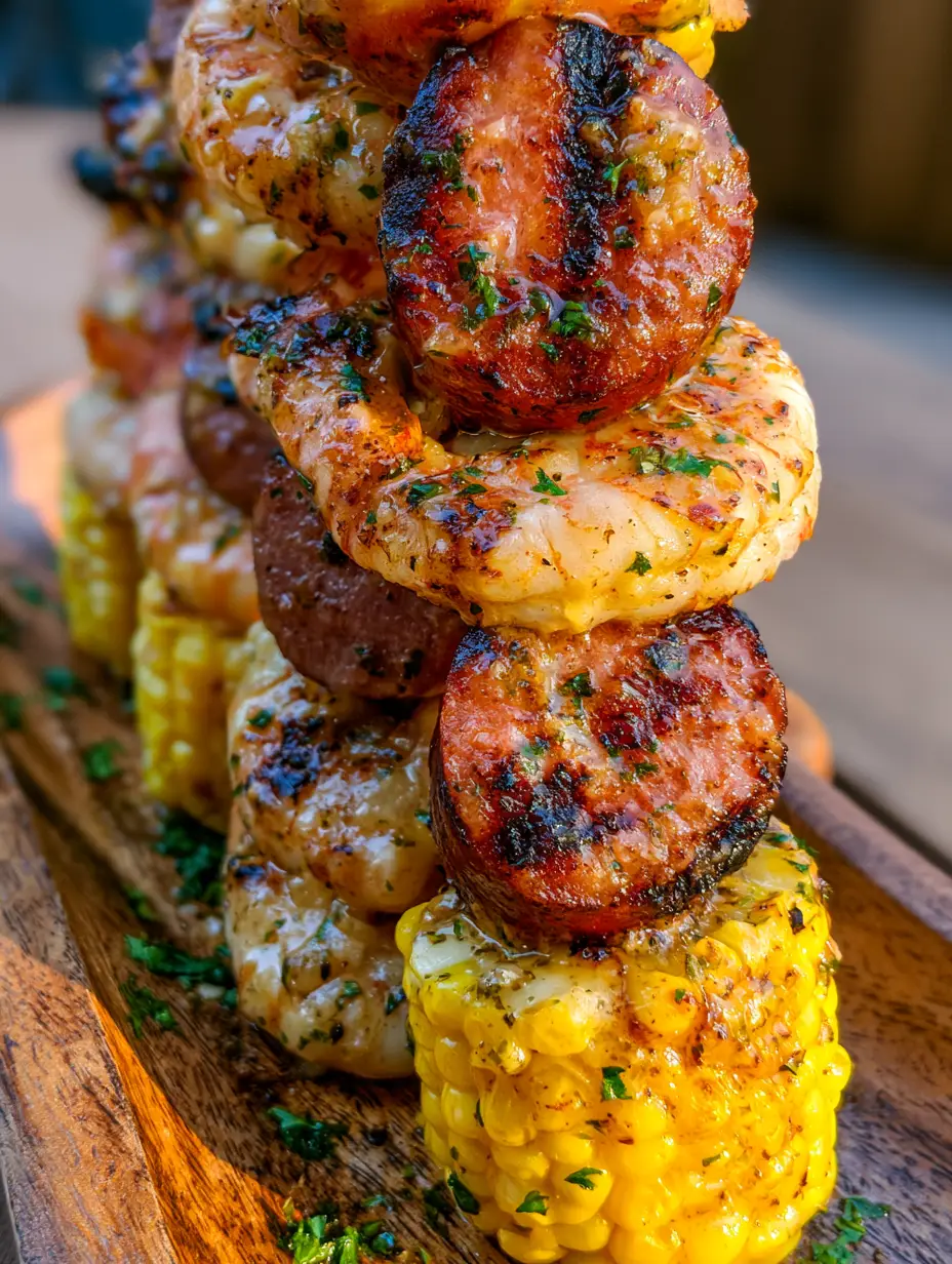 Close-up of shrimp and sausage kabobs showing extreme detail of grill marks and succulent seafood texture.
