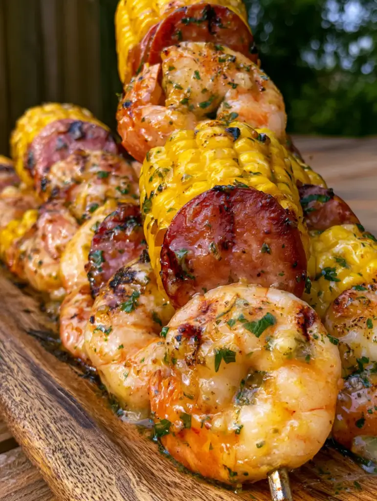 Vertical handheld photo of shrimp and sausage kabobs on a rustic background with beautiful bokeh.