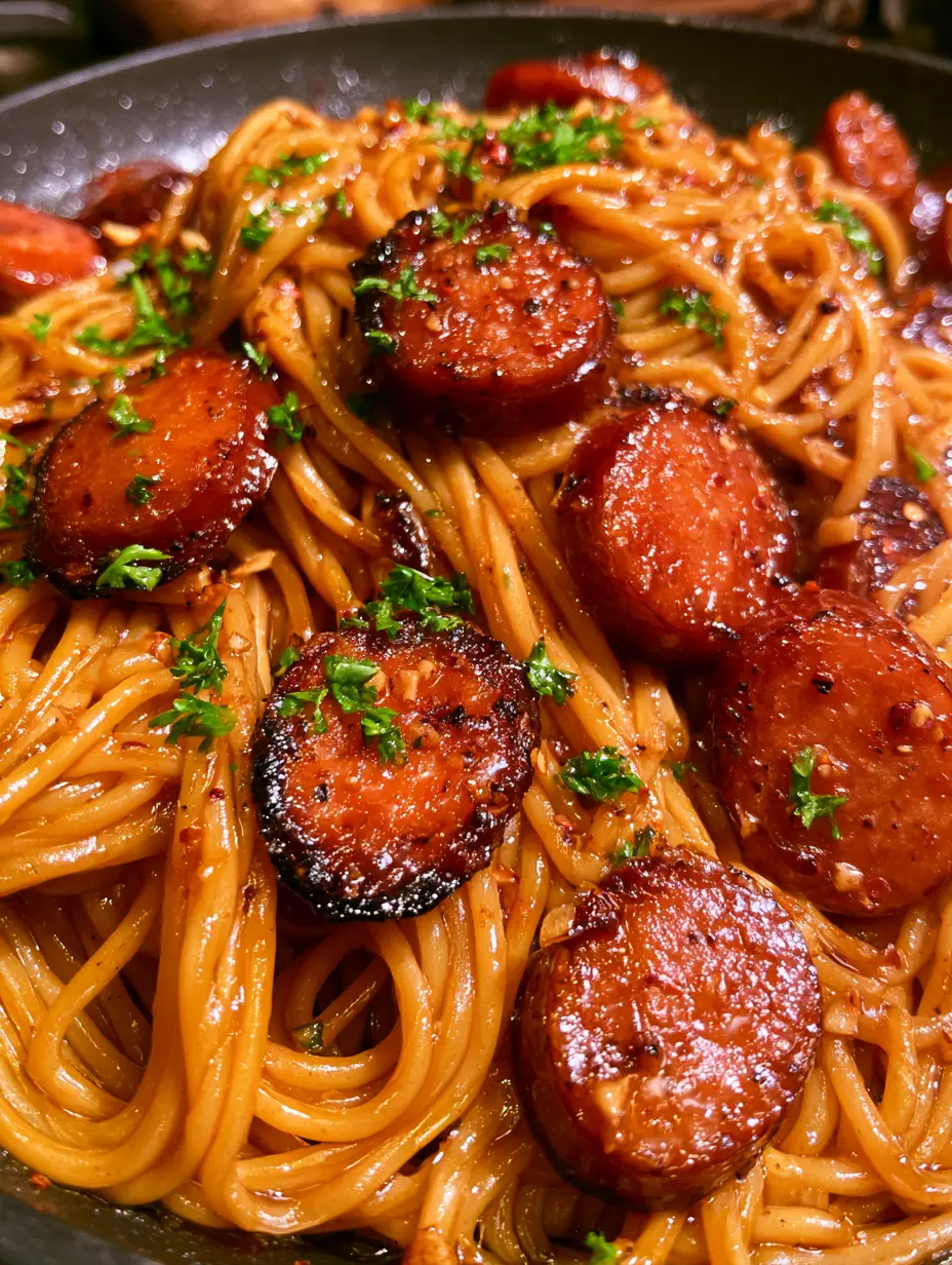 Extreme close up of honey garlic sausage pasta showing the shimmering amber sauce and charred sausage edges.