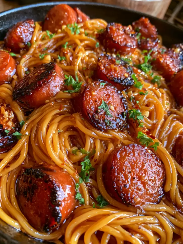 Close up of minced garlic bits and red pepper flakes on honey garlic sausage pasta in a hot skillet.