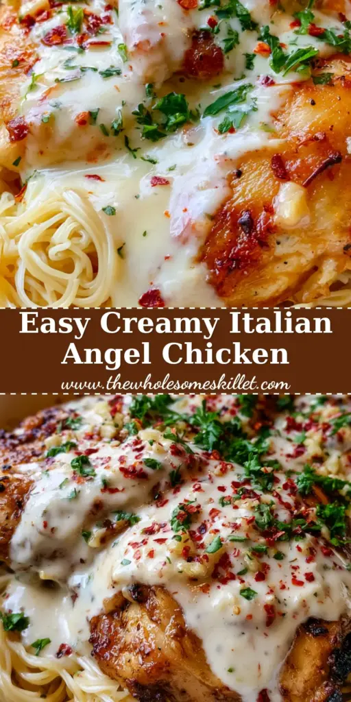 A top-down view of a white bowl filled with creamy italian chicken pasta, garnished with red pepper flakes and parsley.