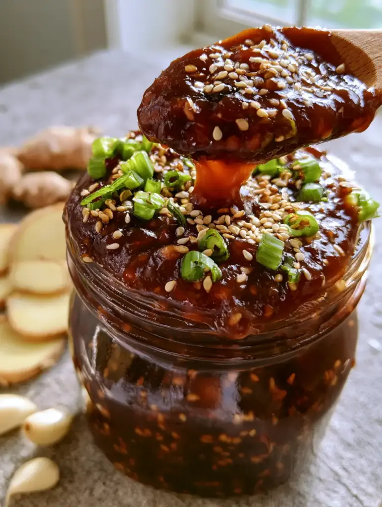 Glistening dark brown homemade teriyaki sauce in a glass jar with vibrant green onions and toasted sesame seeds on top.