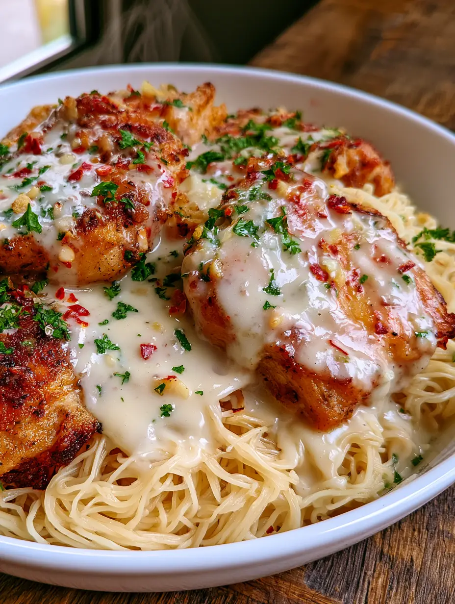 Close up handheld smartphone photo of a white bowl filled with swirling angel hair italian chicken pasta and glossy sauce.