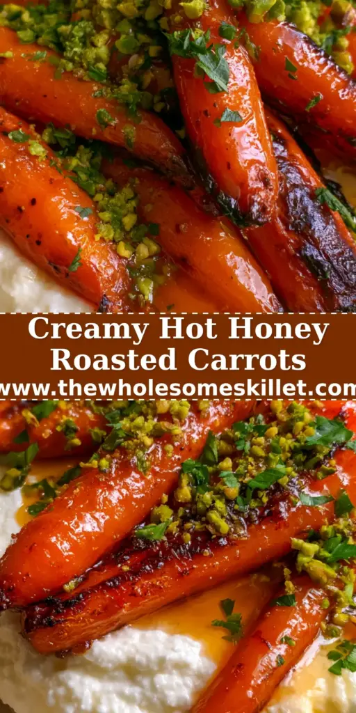 Honey Glazed Roasted Carrots with Whipped Ricotta and Hot Honey 4 A platter of honey glazed roasted carrots with charred edges on a bed of whipped ricotta, drizzled with hot honey and pistachios.