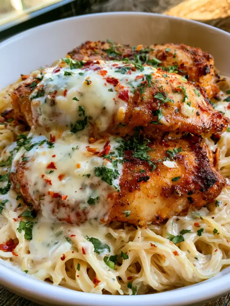 Italian chicken pasta served in a white bowl on a rustic wooden table with natural window lighting.