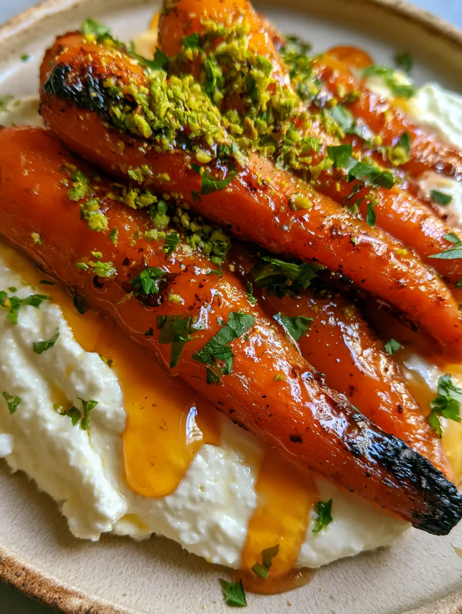 Honey Glazed Roasted Carrots with Whipped Ricotta and Hot Honey 3 Extreme macro close-up of glossy honey glazed roasted carrots with charred edges and crushed pistachios.
