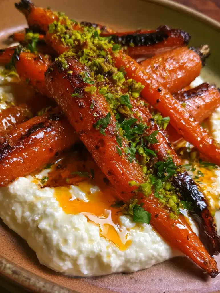 Honey Glazed Roasted Carrots with Whipped Ricotta and Hot Honey 1 Macro view of amber hot honey flowing over honey glazed roasted carrots and creamy whipped ricotta.