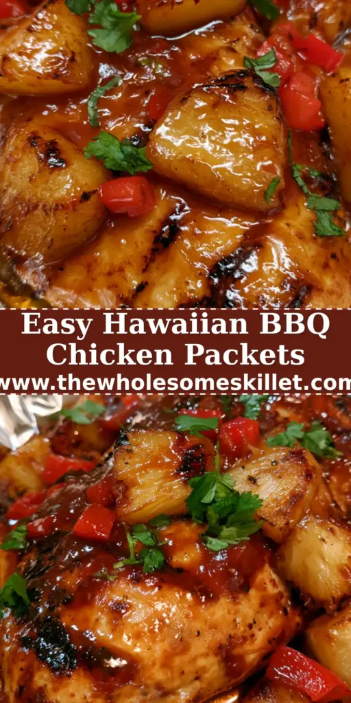 BBQ Chicken Foil Packs with Charred Pineapple and Peppers 4 A top-down view of Hawaiian bbq chicken foil packs with glossy mahogany sauce and charred pineapple. (bbq chicken foil packs)