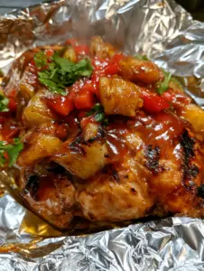 Ultra-HD close-up of bbq chicken foil packs showing glossy mahogany sauce and rising steam. (bbq chicken foil packs)