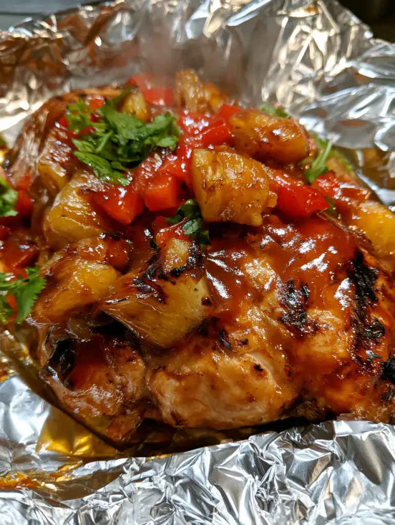 BBQ Chicken Foil Packs with Charred Pineapple and Peppers 2 Ultra-HD close-up of bbq chicken foil packs showing glossy mahogany sauce and rising steam. (bbq chicken foil packs)