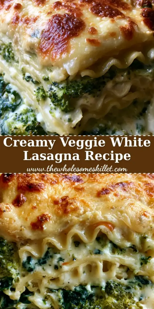 Vegetable White Lasagna with Roasted Broccoli and Velvety Béchamel 4 A thick, cheesy slice of vegetable white lasagna with wavy noodles and roasted broccoli on a rustic plate.