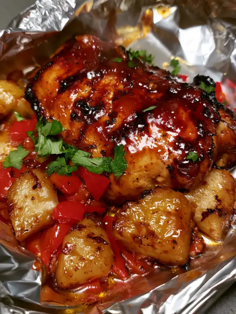 BBQ Chicken Foil Packs with Charred Pineapple and Peppers 1 Grilled bbq chicken foil packs with golden charred pineapple and bright red bell peppers.