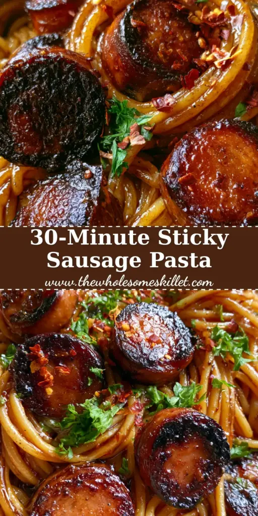 Honey Garlic Sausage Pasta with Sticky Amber Glaze 4 A steaming bowl of honey garlic sausage pasta with glossy amber glaze, charred sausage rounds, and fresh parsley garnish on a wooden table.