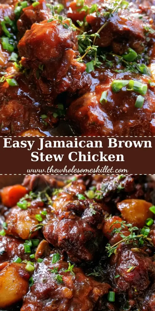 A close-up of Jamaican brown stew chicken in a rustic bowl with thick mahogany gravy, carrots, and potatoes. (brown stew chicken)