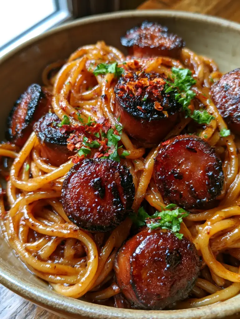 Honey Garlic Sausage Pasta with Sticky Amber Glaze 2 Extreme top-down close-up of honey garlic sausage pasta showing the sticky glaze and crispy sausage edges.