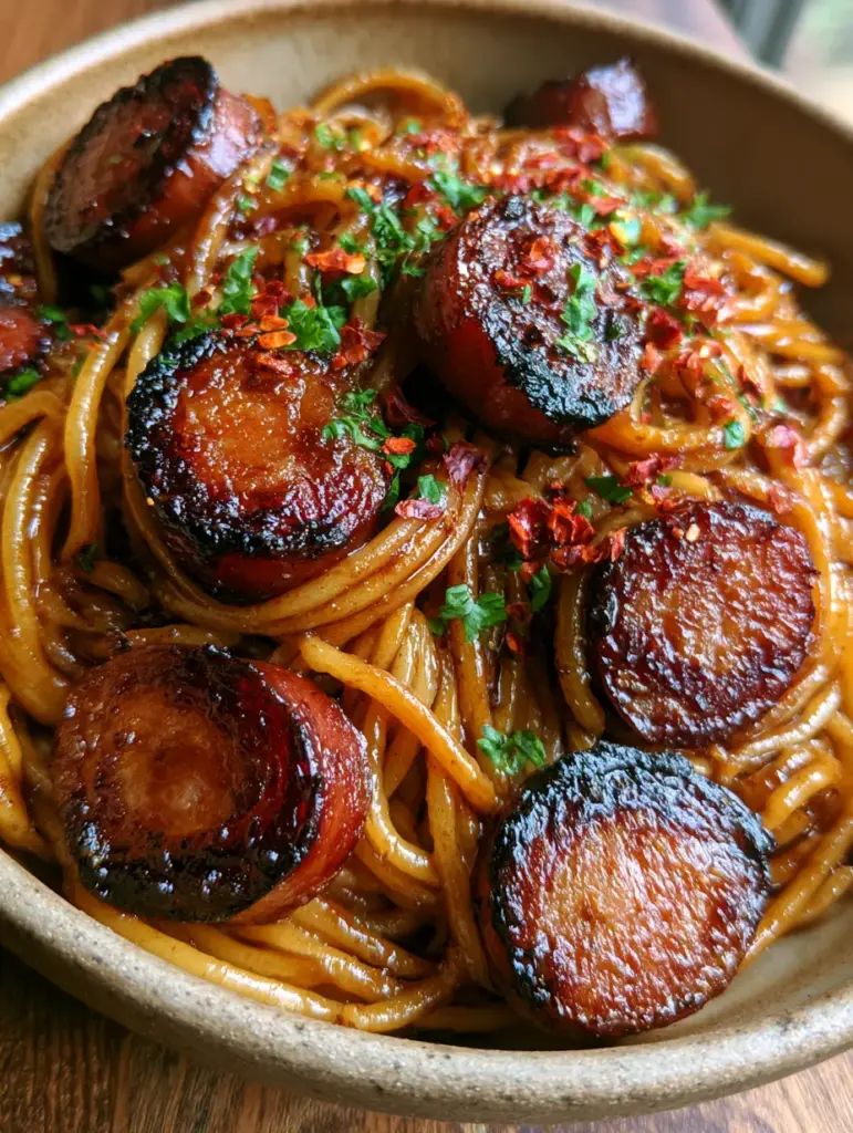Honey Garlic Sausage Pasta with Sticky Amber Glaze 1 Detailed view of spaghetti strands coated in dark amber honey garlic sauce with red pepper flakes.