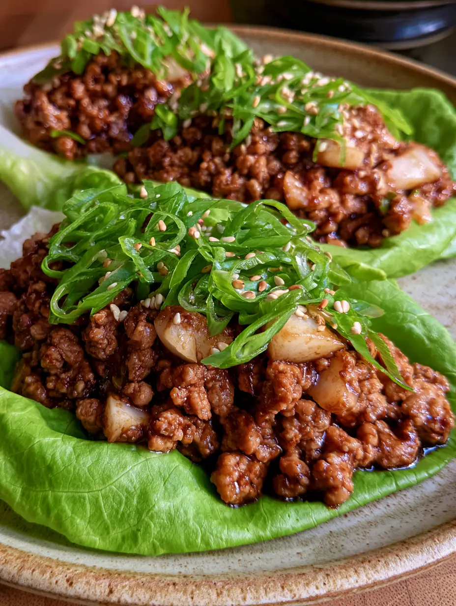 Chicken Lettuce Wraps with a Savory Hoisin Glaze and Crisp Butter Lettuce 3 A vertical handheld smartphone photo of three perfectly assembled Asian chicken lettuce wraps on a rustic plate with steam rising. (chicken lettuce wraps)