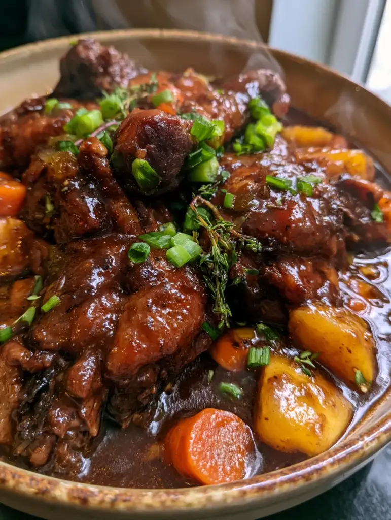Close up detail of glistening chicken thighs and tender potatoes in a dark brown sauce. (brown stew chicken)