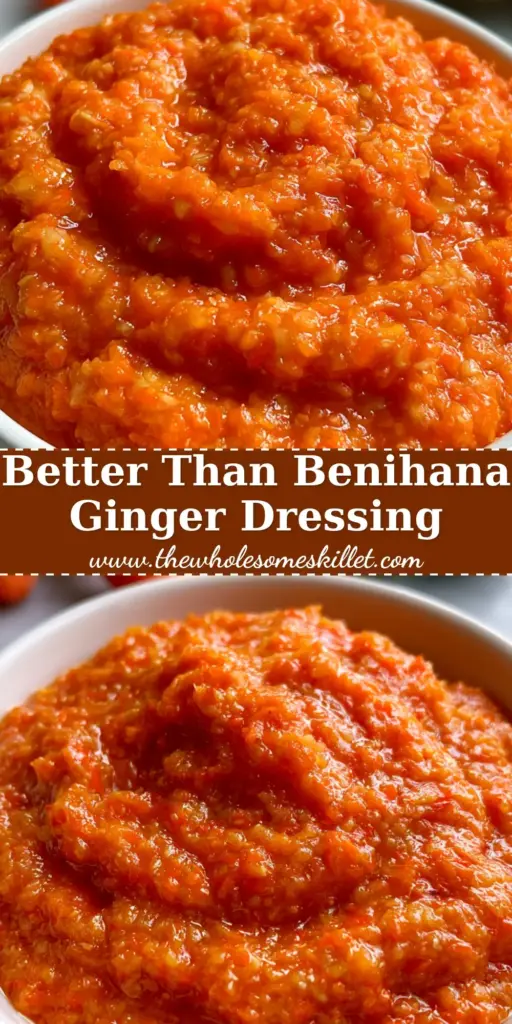 Hibachi Ginger Dressing: The Ultimate Japanese Steakhouse Secret 4 A tall Pinterest pin image showing a small white ceramic bowl of pulpy hibachi ginger dressing on a marble countertop with fresh carrots and ginger root in the background.