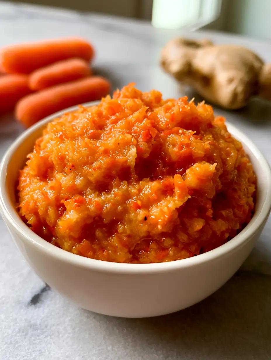 Hibachi Ginger Dressing: The Ultimate Japanese Steakhouse Secret 3 High angle close up of hibachi ginger dressing in a white bowl showing the thick orange carrot pulp and visible ginger bits. (hibachi ginger dressing)