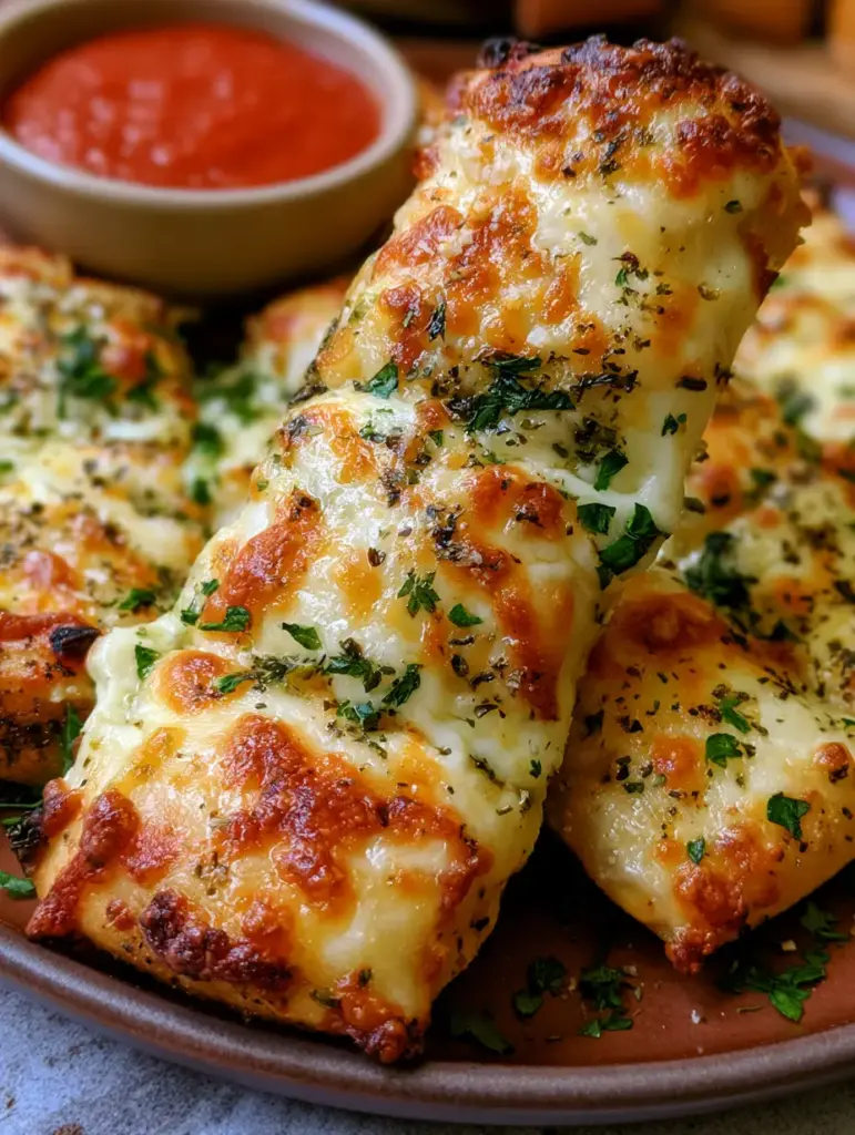 Homemade Cheese Sticks: The Ultimate Cheesy Pizza Hut Copycat 1 A top-down view of a plate of homemade cheese sticks topped with toasted parmesan and dried herbs next to a bowl of marinara.