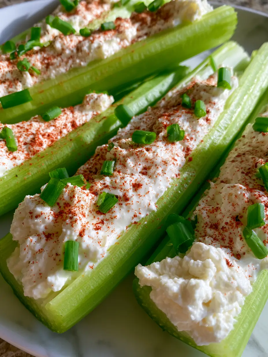 High-angle macro photo of vibrant green celery stalks filled with fluffy whipped white cream cheese, dusted with smoky paprika. (cream cheese stuffed celery)