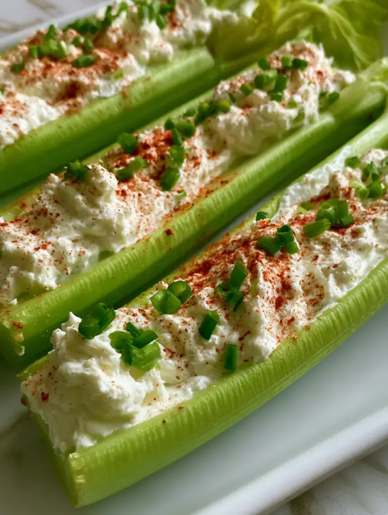 A minimalist kitchen setting showing cream cheese stuffed celery on a light marble surface with natural window lighting.